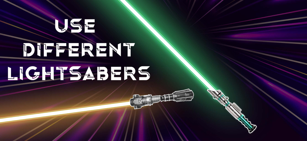 Lightsaber Simulator Gun Sound - Dos sables de luz de diferentes colores brillando contra un fondo espacial oscuro con el texto Usa diferentes sables de luz