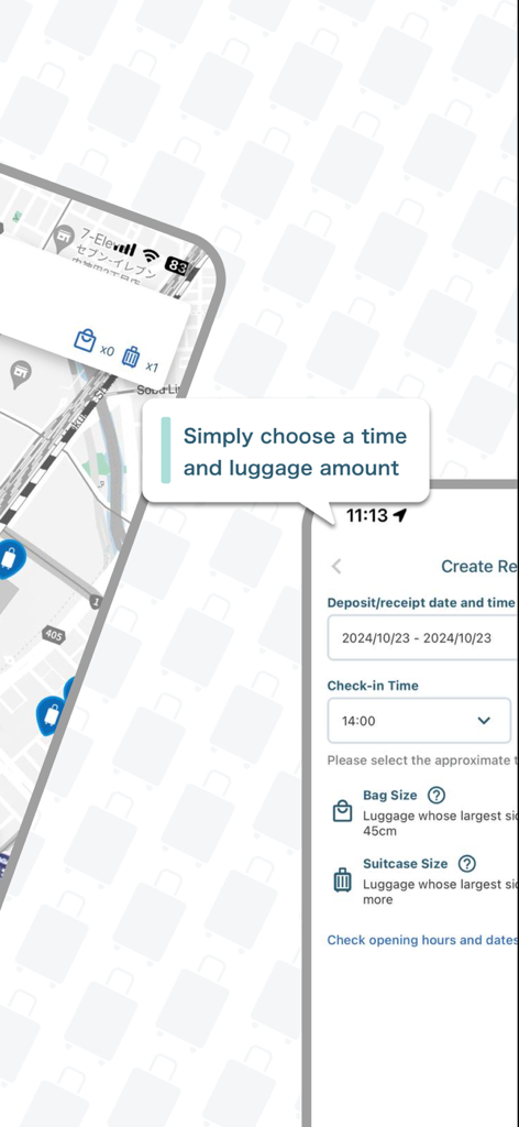 ecbo cloak - Luggage Storage - Screenshot dell'app ecbo cloak che mostra la schermata di prenotazione per selezionare l'orario di check-in e la dimensione del bagaglio