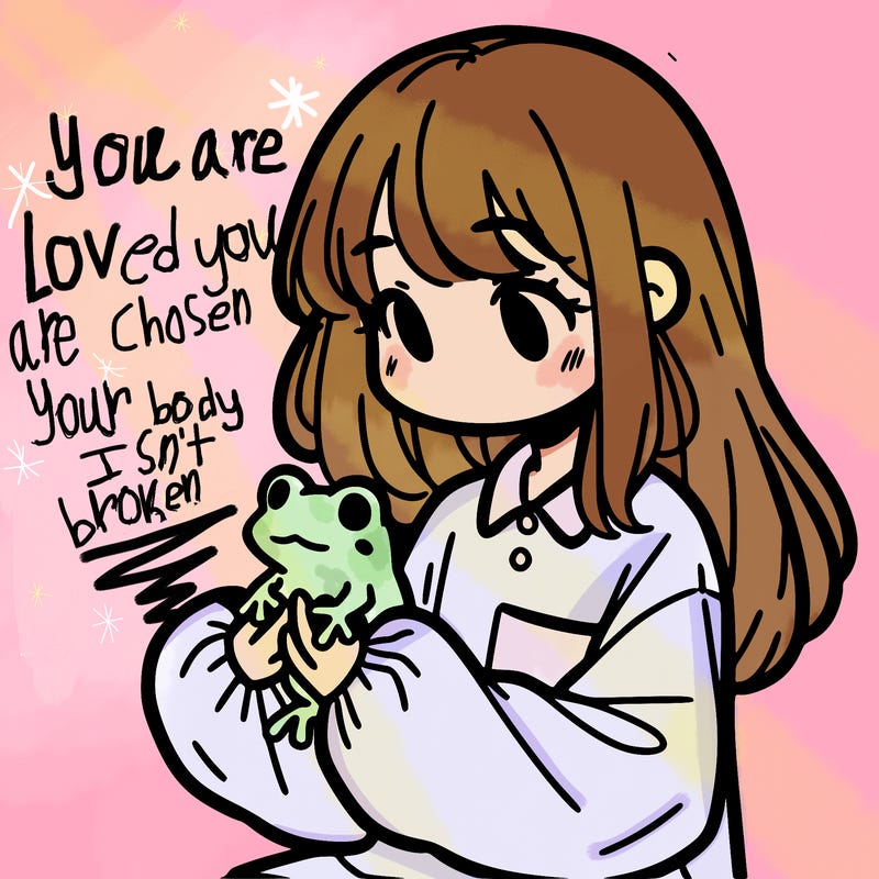 girl with long hair and a oversized shirt. and she is holding a frog