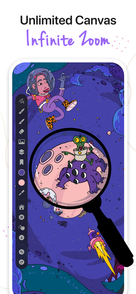 Interface of ZoomArt app showing an infinite zoom canvas with a space illustration and drawing tools