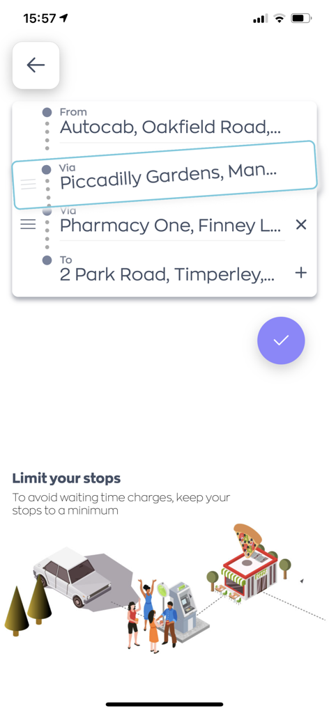 Cooperdoca - Interface do aplicativo móvel Cooperdoca para reservar um táxi com várias paradas