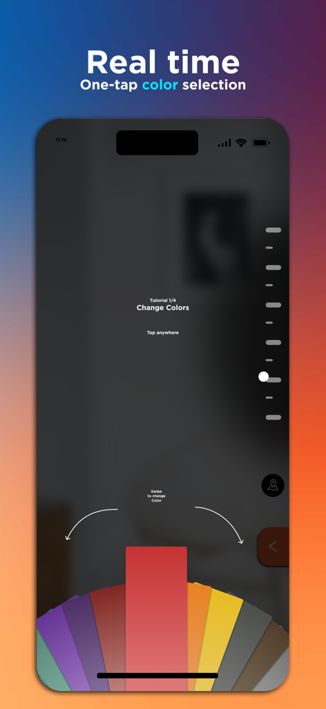 Fable - Paint visualizer - Interfaz de la aplicación Fable que muestra un tutorial de selección de color con un solo toque en tiempo real con un abanico vibrante de muestras de pintura