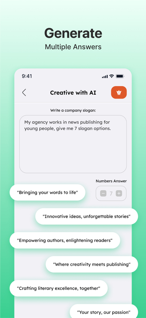 Interfaz de la aplicación Escritor IA mostrando múltiples sugerencias de lemas generadas para una empresa de publicación de noticias