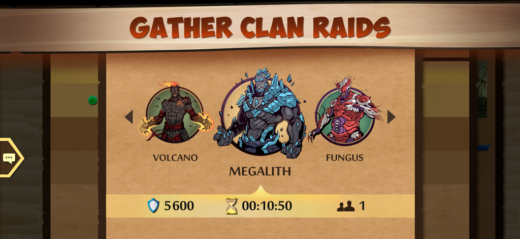 Shadow Fight 2 Clan-Raids-Menü, das die Bossauswahl für Volcano Megalith und Fungus zeigt