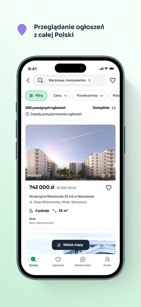 Otodom mobile app showing real estate search results for apartments in Warsaw Poland