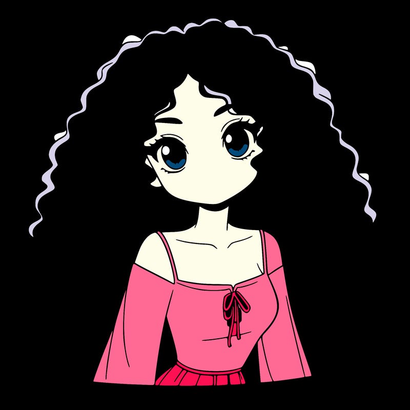 a black anime girl with long afro hair