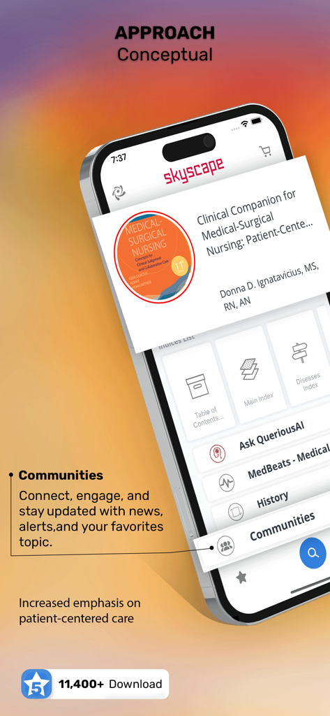 Interfaz de la aplicación Med-Surg Nursing Clinical Companion que muestra índices clínicos y funciones comunitarias