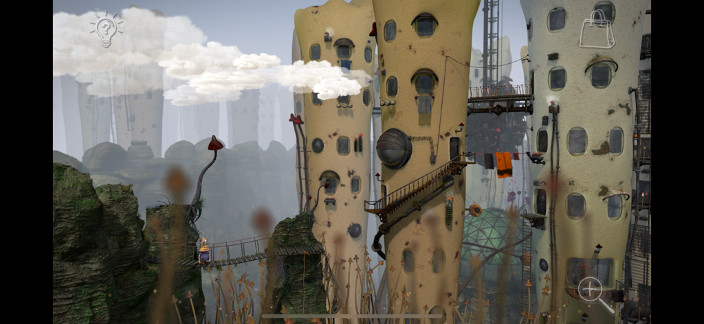 A character named Paul walks across a bridge between tall organic yellow buildings in a hand drawn landscape