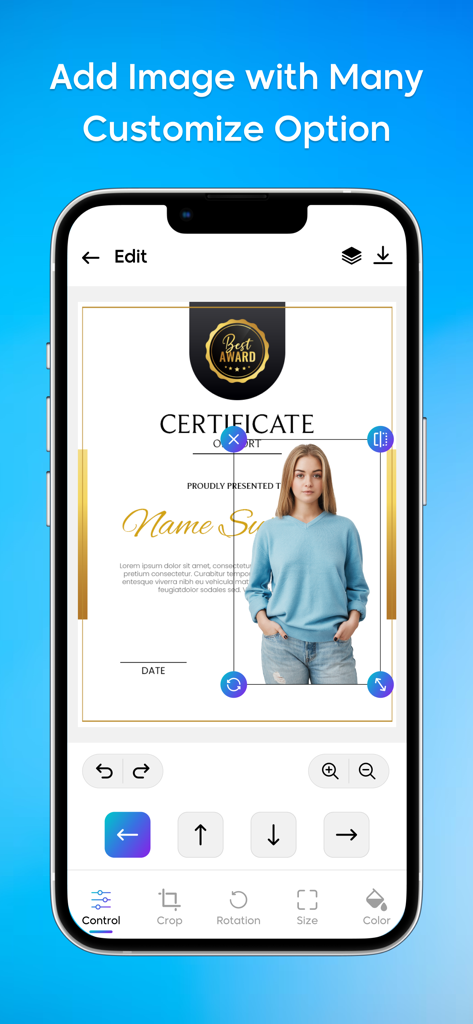 Mobile app interface showing a certificate being customized with a photo and editing tools