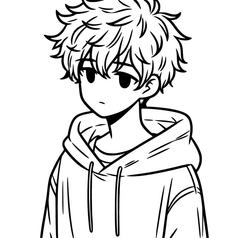 a teenage boy with messy and fluffy hair and a oversized hoodie on