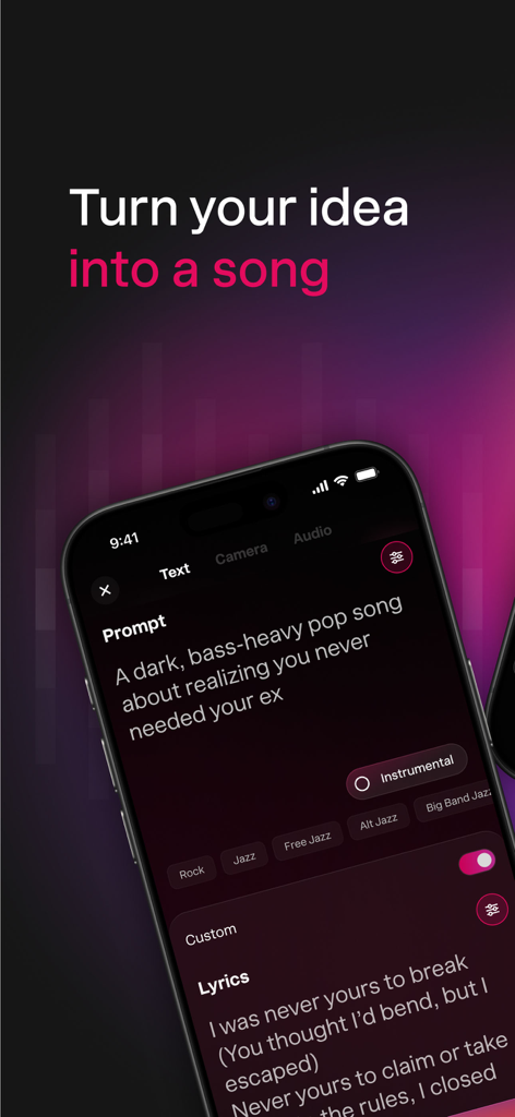 Smartphone-Bildschirm, der die Benutzeroberfläche der Udio-App zeigt, wo eine Textaufforderung zur Generierung eines KI-Songs mit benutzerdefinierten Texten verwendet wird