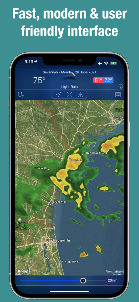 Doppler Radar - Live Rain Map - Smartphone screen showing a live doppler radar map with rain overlays and weather forecast