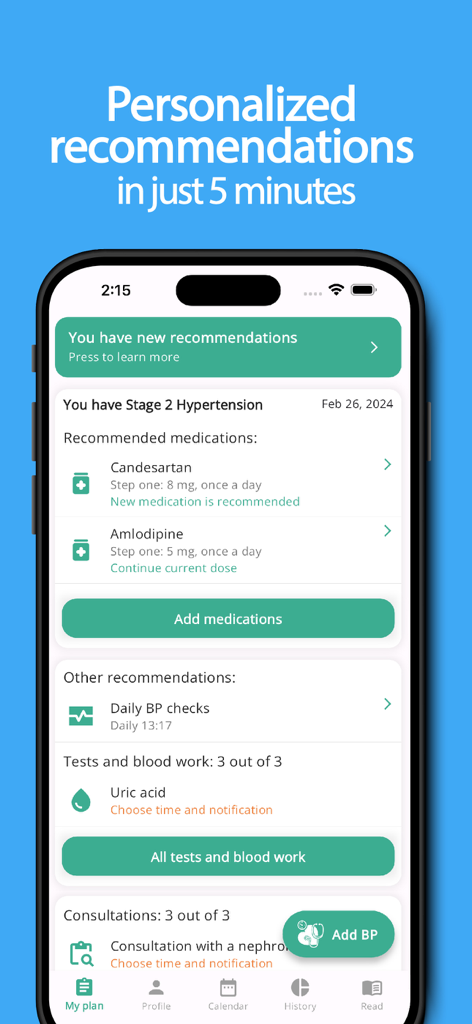 MyBP - Blood Pressure App - Un smartphone mostrando recomendaciones de salud personalizadas para Hipertensión Etapa 2 en la aplicación MyBP.