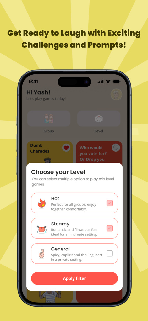 Mobile app interface showing level selection for party games including Hot Steamy and General options