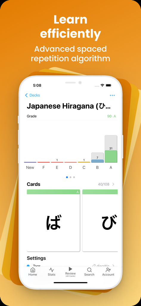AlgoApp Flashcards - AlgoApp Flashcards app interface showing Japanese Hiragana deck with study progress and flashcards.