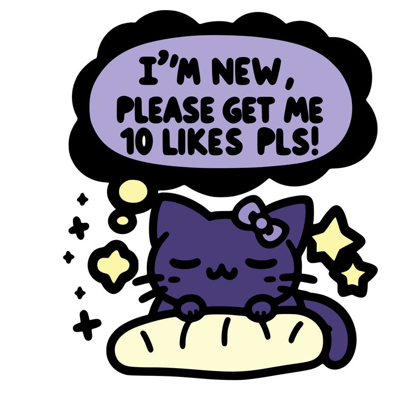 kitty taking a nap dream talking and saying "i'm new, please get me at least 10 likes pls!!"