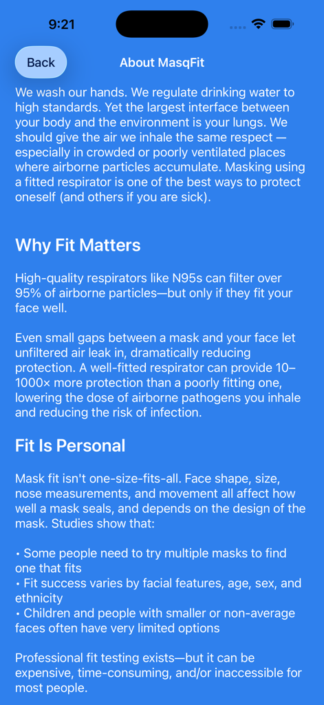 MasqFit - MasqFit 앱 내 텍스트 화면, 마스크 착용이 보호에 왜 중요한지, 얼굴 모양이 밀착에 어떻게 영향을 미치는지 설명
