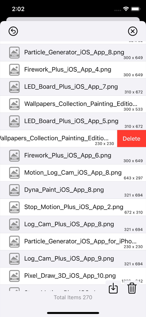 A screen showing a list of crawled images with their file names and resolutions in the Images Crawler app.