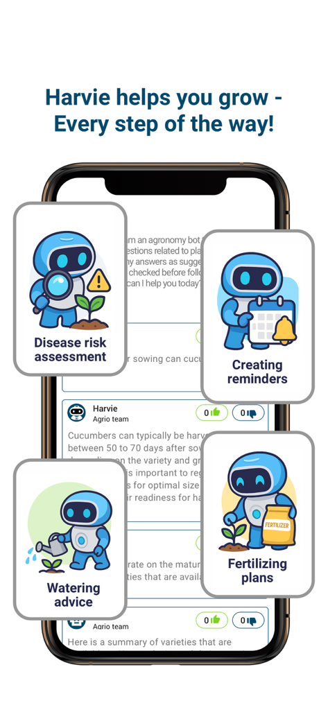 Agrio - Plant diagnosis app - Agrio app showing Harvie AI assistant features for plant disease risk and crop care