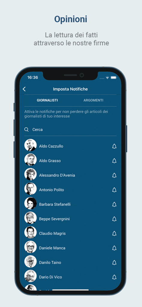 Corriere della Sera - Online - Notification settings for specific journalists in the Corriere della Sera mobile app