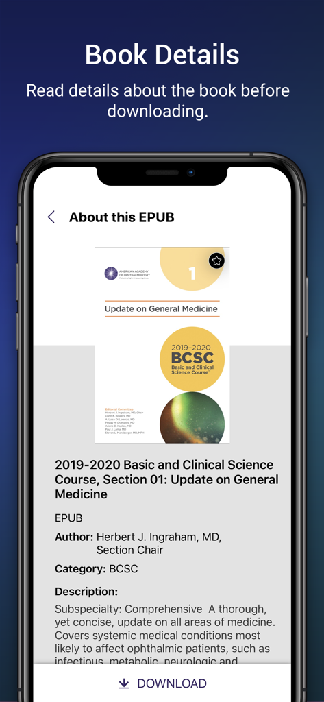 AAO eBooks - AAO eBooks app screen showing book details and download options for a BCSC ophthalmology textbook