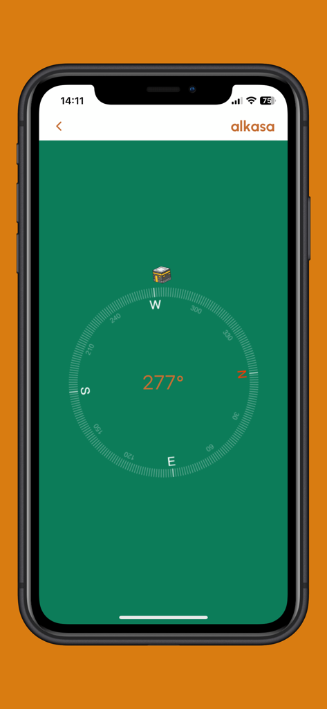 alkasa - Ein digitales Qibla-Kompass-Interface in der alkasa Mobile App mit grünem Hintergrund und einem Kaaba-Symbol.