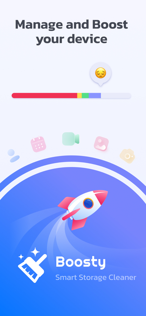 Boosty Smart Storage Cleaner app home screen showing a storage status bar and device boost features