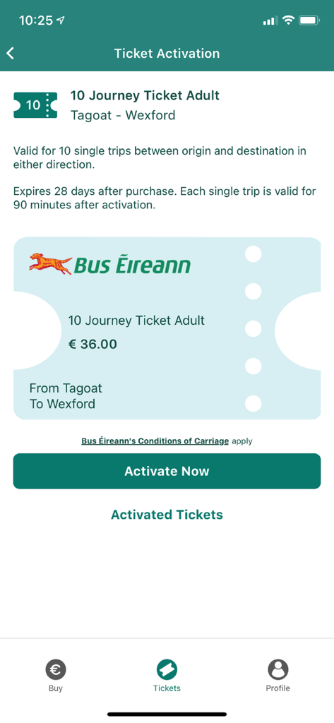 TFI Go - Digital ticket activation screen in the TFI Go app for a ten journey adult bus ticket