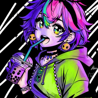 hot baddie anime girl drinking boba and biting the straw
