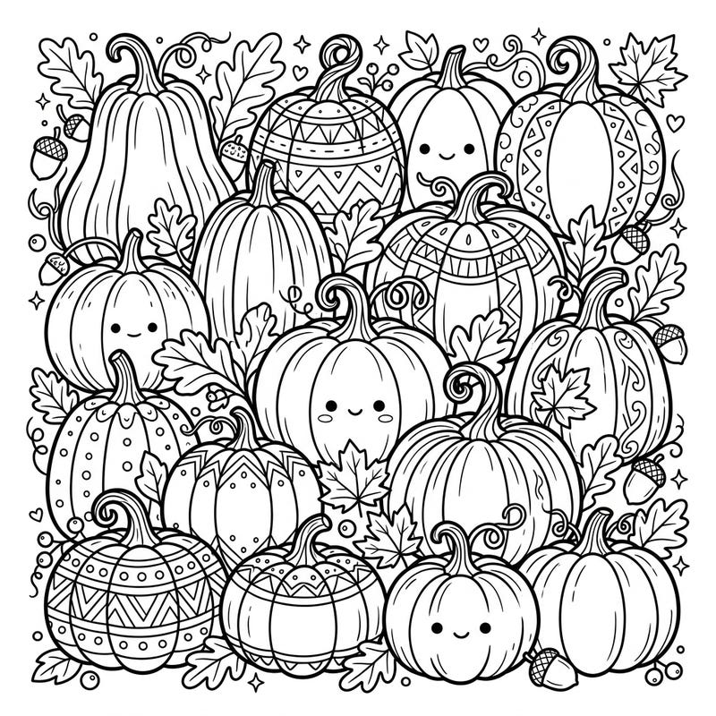 Dive into the spirit of autumn with this trendy decorative pumpkin coloring page designed specifically for teens. Featuring a delightful array of intricately patterned pumpkins and charming fall elements, it's perfect for creative expression.
