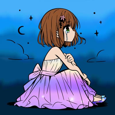 girl crying with a white strapless dress on her knees looking at the sky anime human like drawing side profile