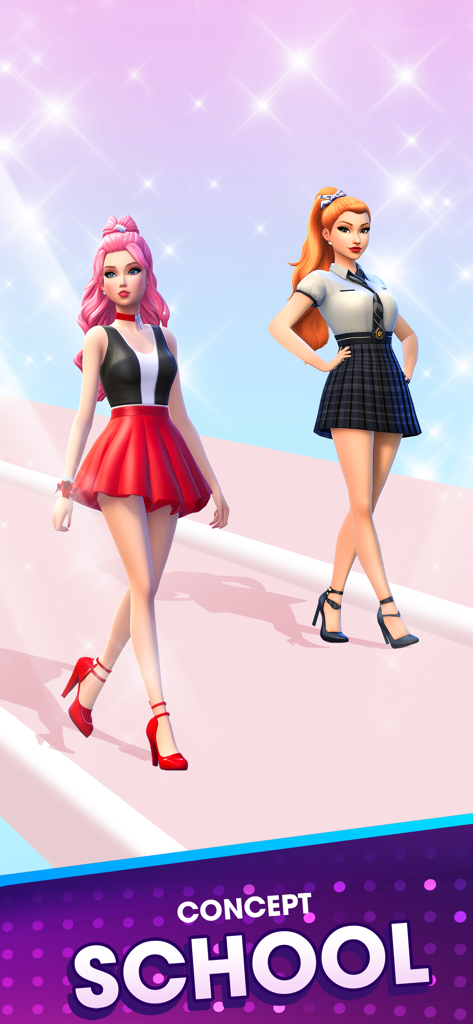 Catwalk Queen: Fashion Battle - Dos modelos con atuendos de temática escolar caminando en una pasarela rosa brillante