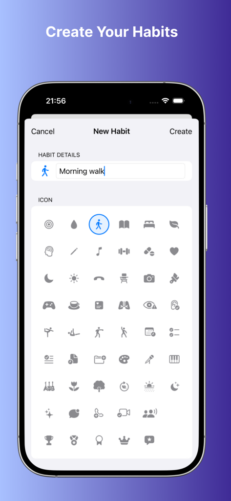 Stepwise: Habit Tracker - Stepwiseアプリのインターフェースに、カスタムアイコンで新しい習慣を作成する画面が表示されている様子