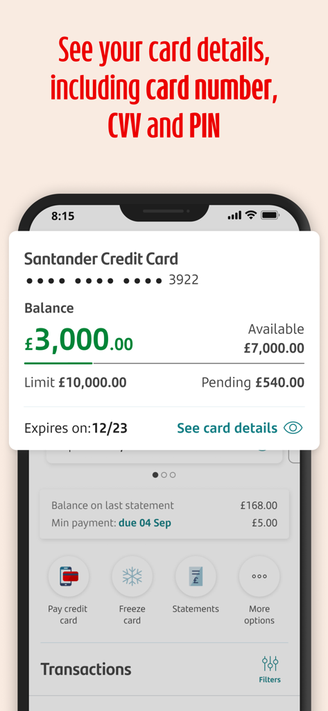 Santander Mobile Banking - Interface de l'application Santander Mobile Banking affichant les détails de la carte de crédit, y compris le solde, le crédit disponible et les fonctionnalités de sécurité