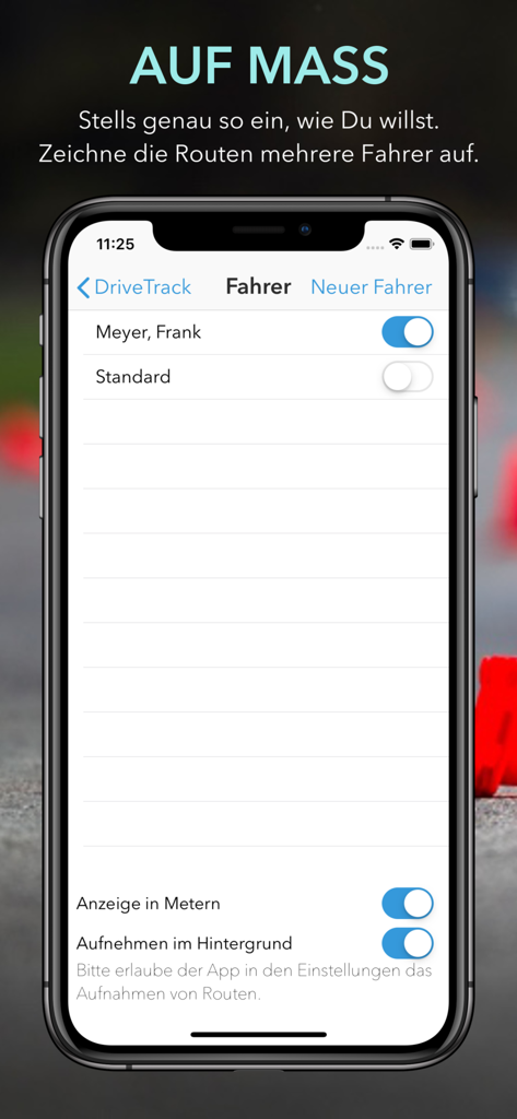 iTheory DriveTrack app screen for managing multiple driver profiles and tracking settings