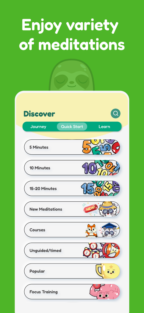 MindGarden app discover page showing meditation options for five ten and fifteen minute sessions with colorful animal icons