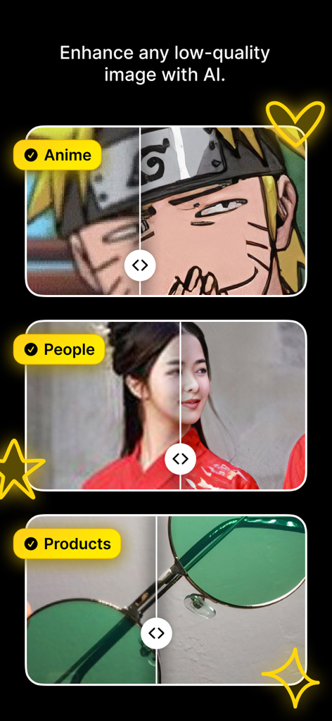 AI Upscaler - Image Enhancer - 애니메이션, 인물, 제품 사진에 대한 AI 향상 이미지의 나란히 비교