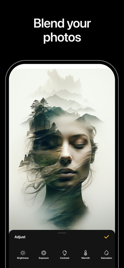 Blend: Combine Photo Layers - Double exposure effect blending a woman's face with a mountain landscape