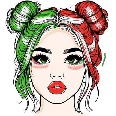 realistic girl with two buns on her hair and lips