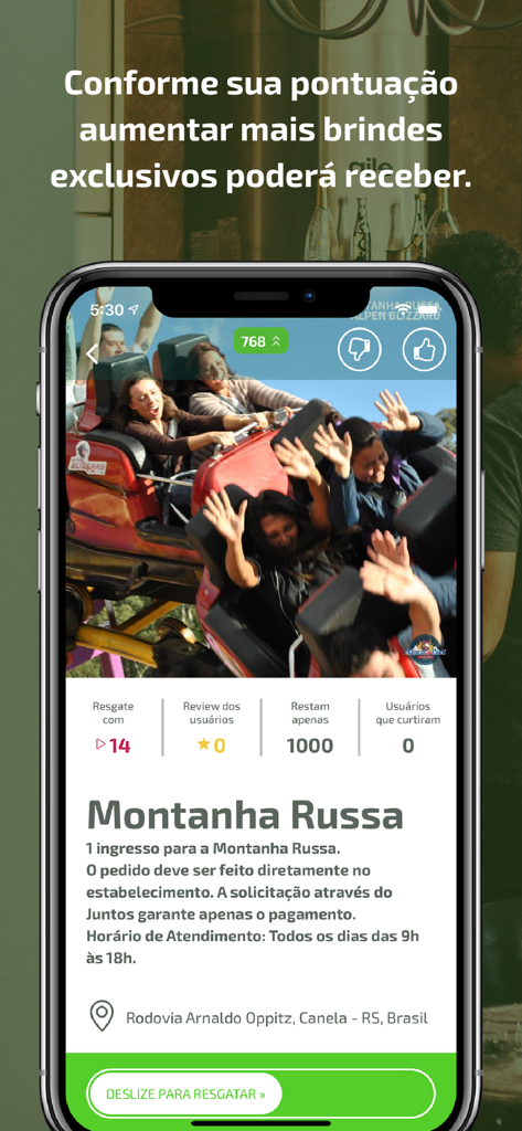 Juntos – Programa Fidelidade - Pantalla de la aplicación de fidelidad Juntos mostrando un canje de recompensa por un boleto de montaña rusa.