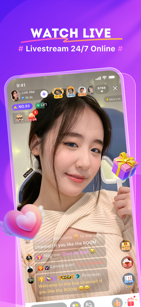 Interfaz de la aplicación Nimo TV mostrando una transmisión en vivo con chat en tiempo real y regalos virtuales