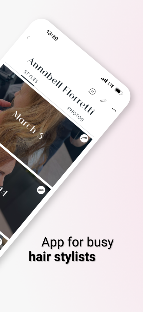 Charm: Save Formulas & Clients - Mobile app screen showing a hair stylist client profile with a photo gallery of previous hair styles