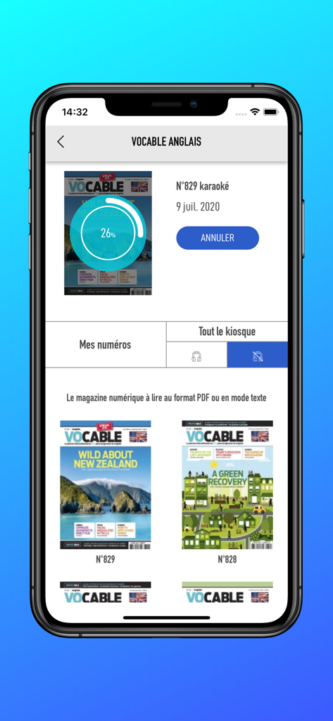 Smartphone interface of the Vocable app displaying a newsstand with international magazines for language learning.
