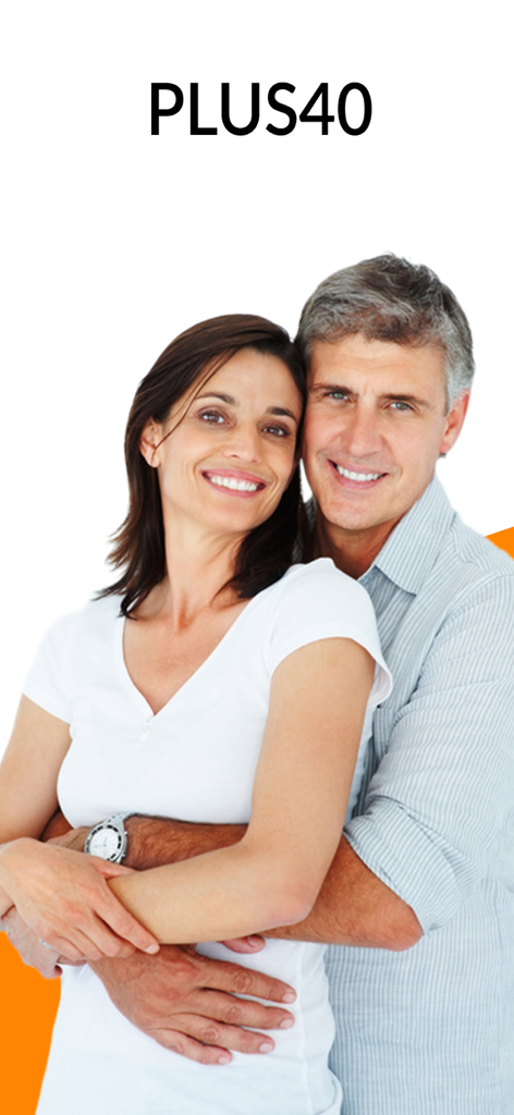 Plus40 - dating and chat. - A smiling mature couple hugging on the Plus40 dating app splash screen