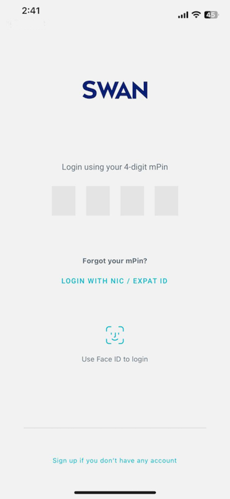mySWAN app login screen showing mPin entry fields and Face ID authentication option