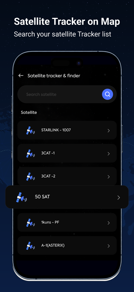 Satellite Tracker & Finder - Suchoberfläche der Satelliten-Tracker- und -Finder-App, die eine Liste der verfolgten Satelliten anzeigt