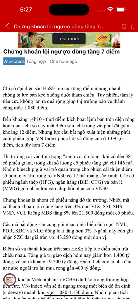 Báo Điện Tử - Đọc báo online - Captura de pantalla de un artículo de noticias vietnamita sobre el mercado de valores en la aplicación móvil Báo Điện Tử.