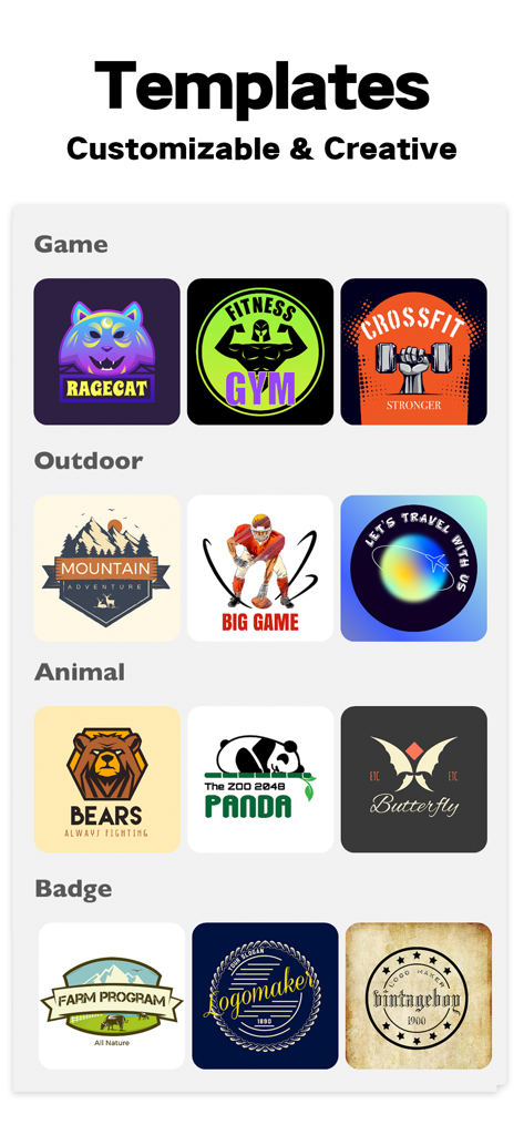 Logo Maker: Watermark Designer - A collection of customizable logo templates for categories like gaming fitness and outdoor brands