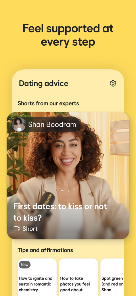 Bumble app screen showing expert dating advice videos and tips for meaningful connections.