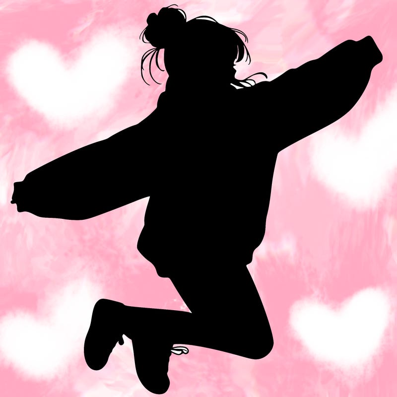 realistic girl jumping with a bun and oversized sweatshirt